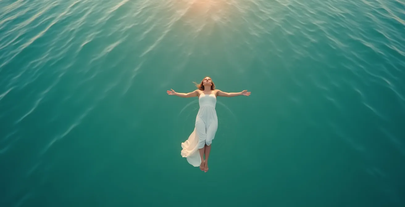Personne allongée flottant paisiblement sur l'eau, métaphore visuelle de l'acceptation