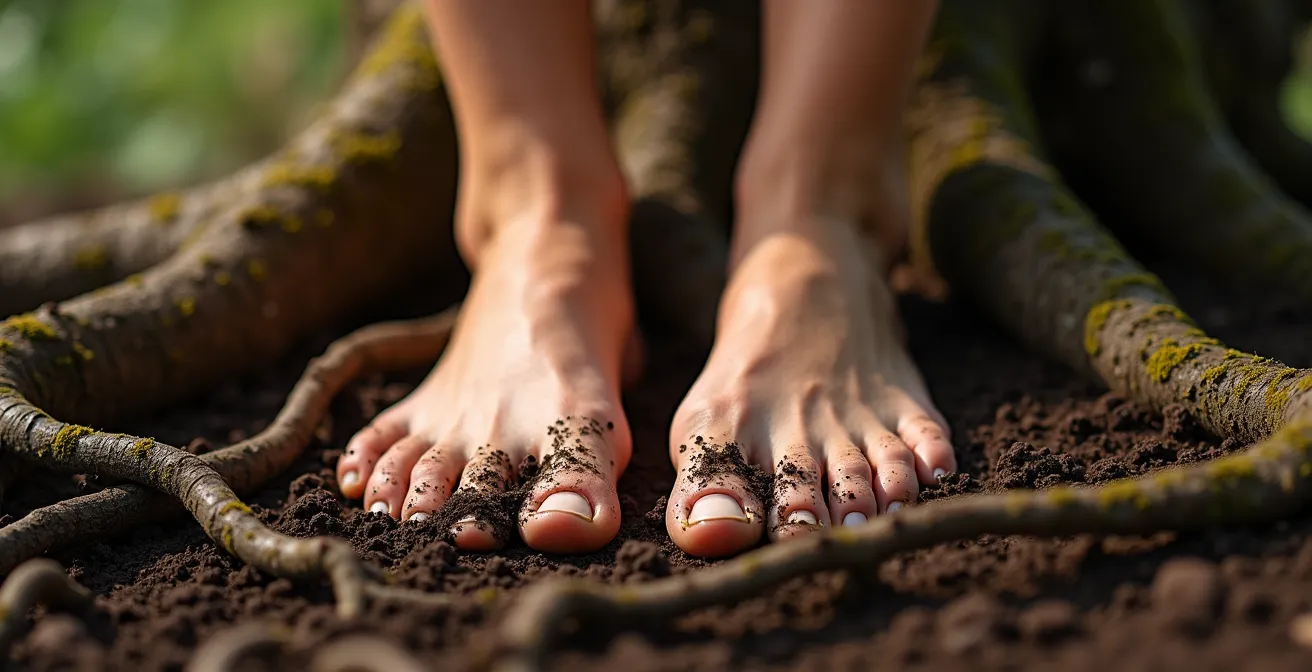 Gros plan sur des pieds nus touchant la terre humide avec des racines d'arbre visibles
