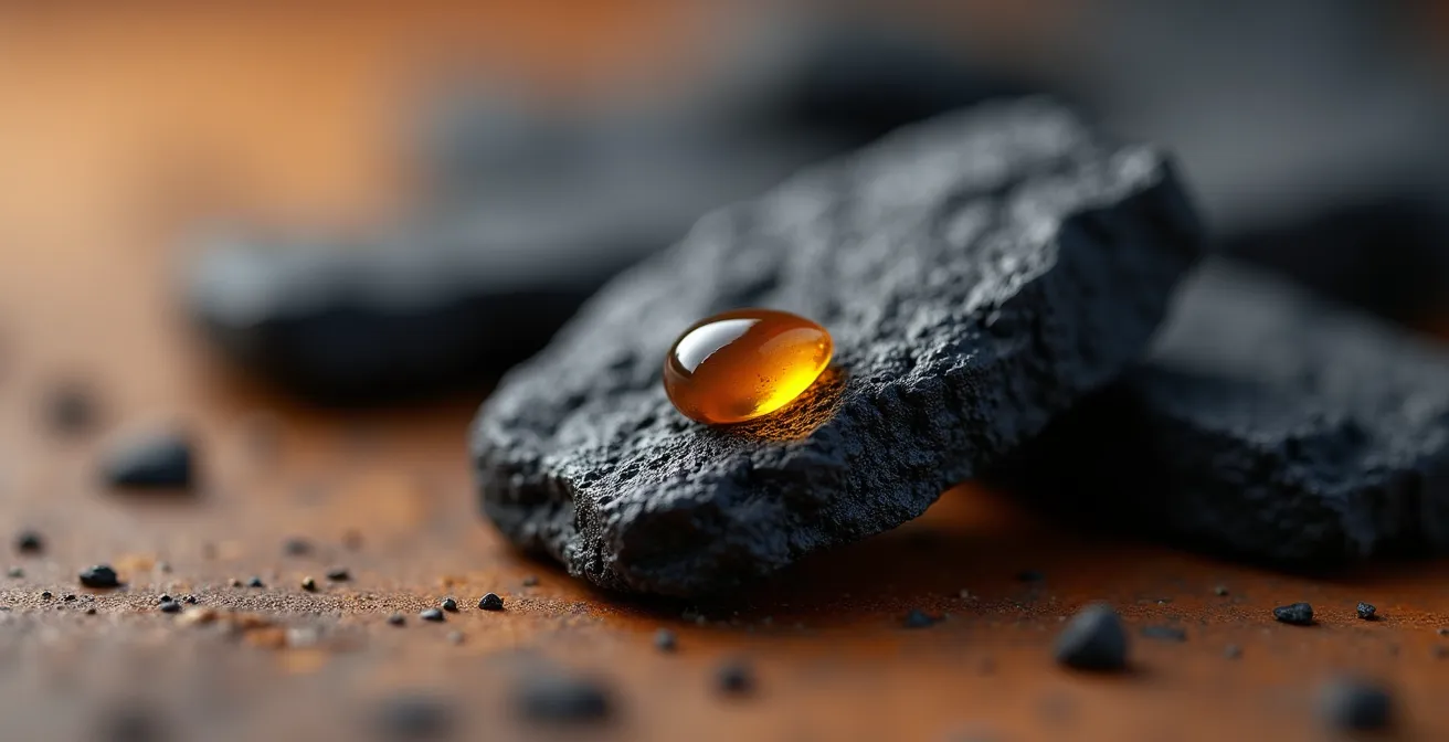 Galet poreux avec huile essentielle sur bureau minimaliste