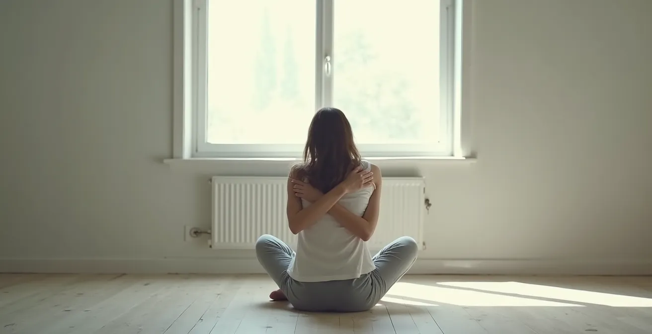 Personne s'enlaçant elle-même dans un geste d'auto-compassion et de réconfort