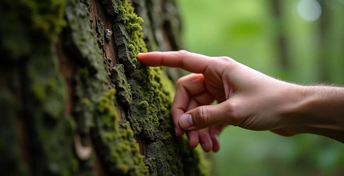 Personne pratiquant le shinrin-yoku dans une forêt dense avec lumière filtrée