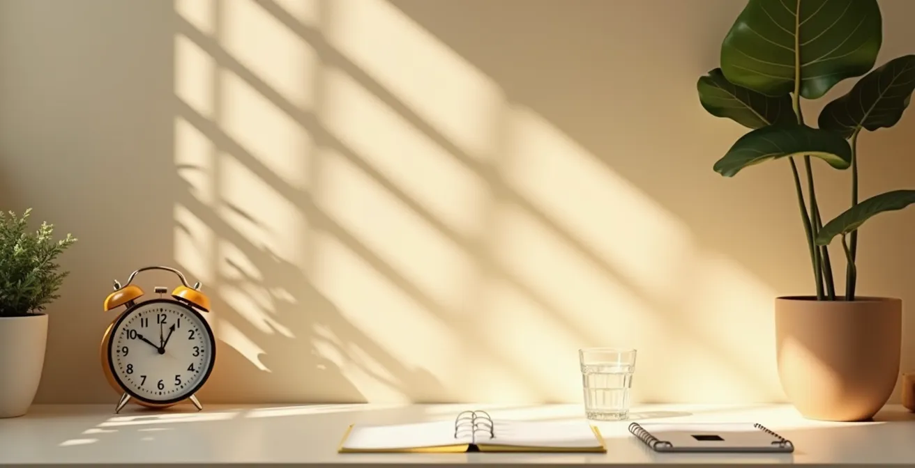 Espace de travail épuré avec planning visuel et lumière matinale filtrant à travers les stores