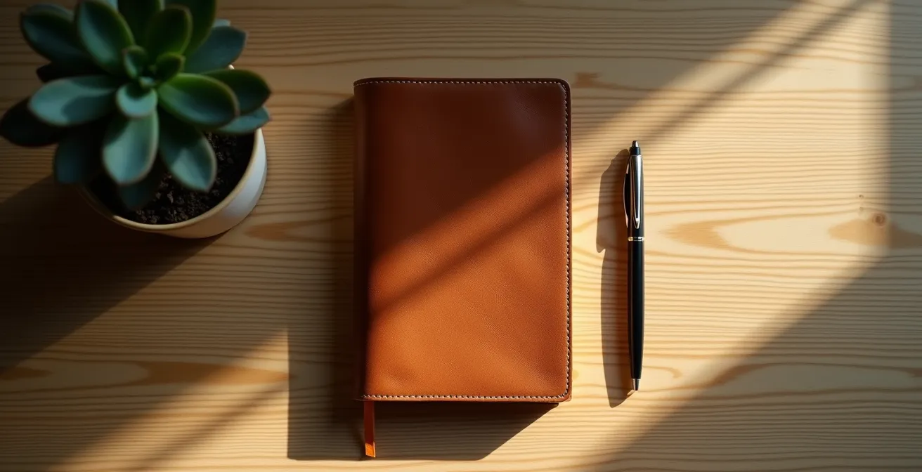 Vue du dessus d'un carnet fermé posé sur une table de nuit avec un stylo à côté dans une ambiance tamisée
