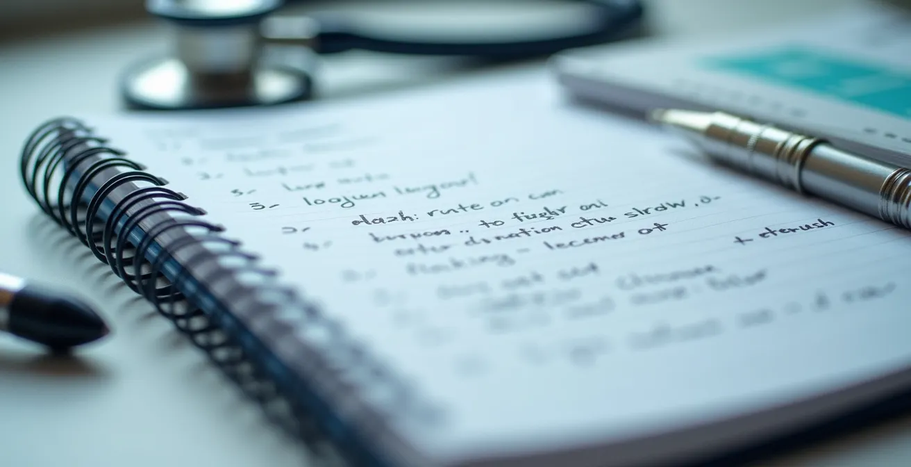 Vue détaillée d'un carnet de liaison ouvert avec annotations médicales floues