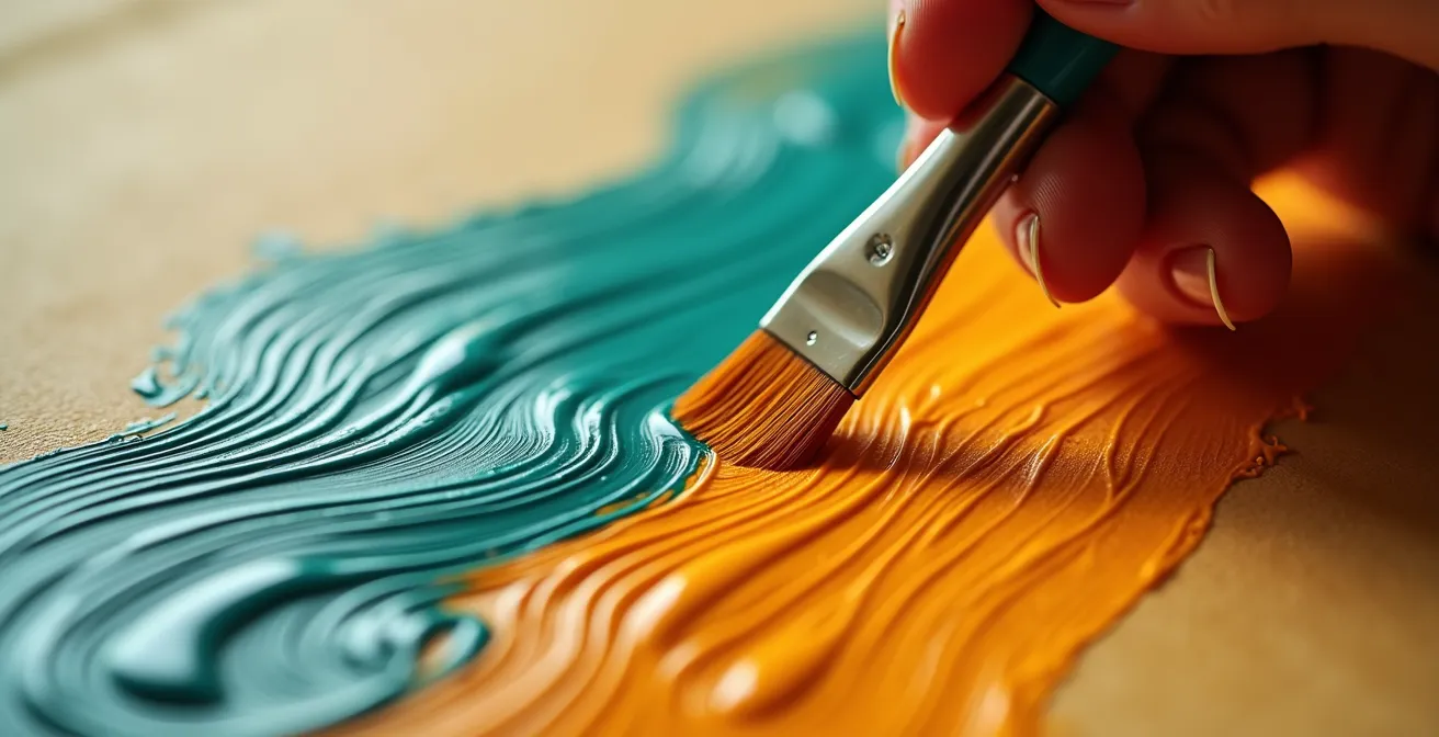 Gros plan sur une main tenant un pinceau avec des vibrations sonores visibles dans la peinture