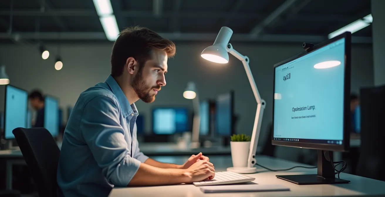 Professionnel utilisant une lampe de luminothérapie au bureau l'après-midi