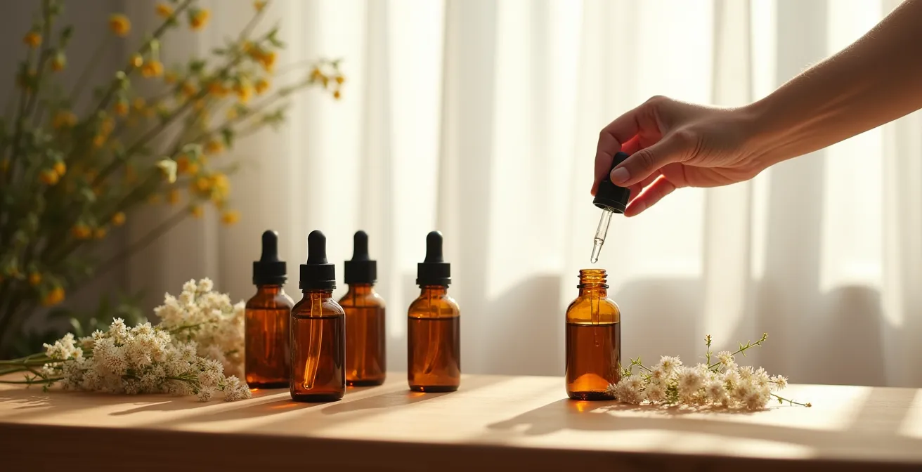 Table de préparation avec flacons compte-gouttes et fleurs fraîches pour élixirs floraux