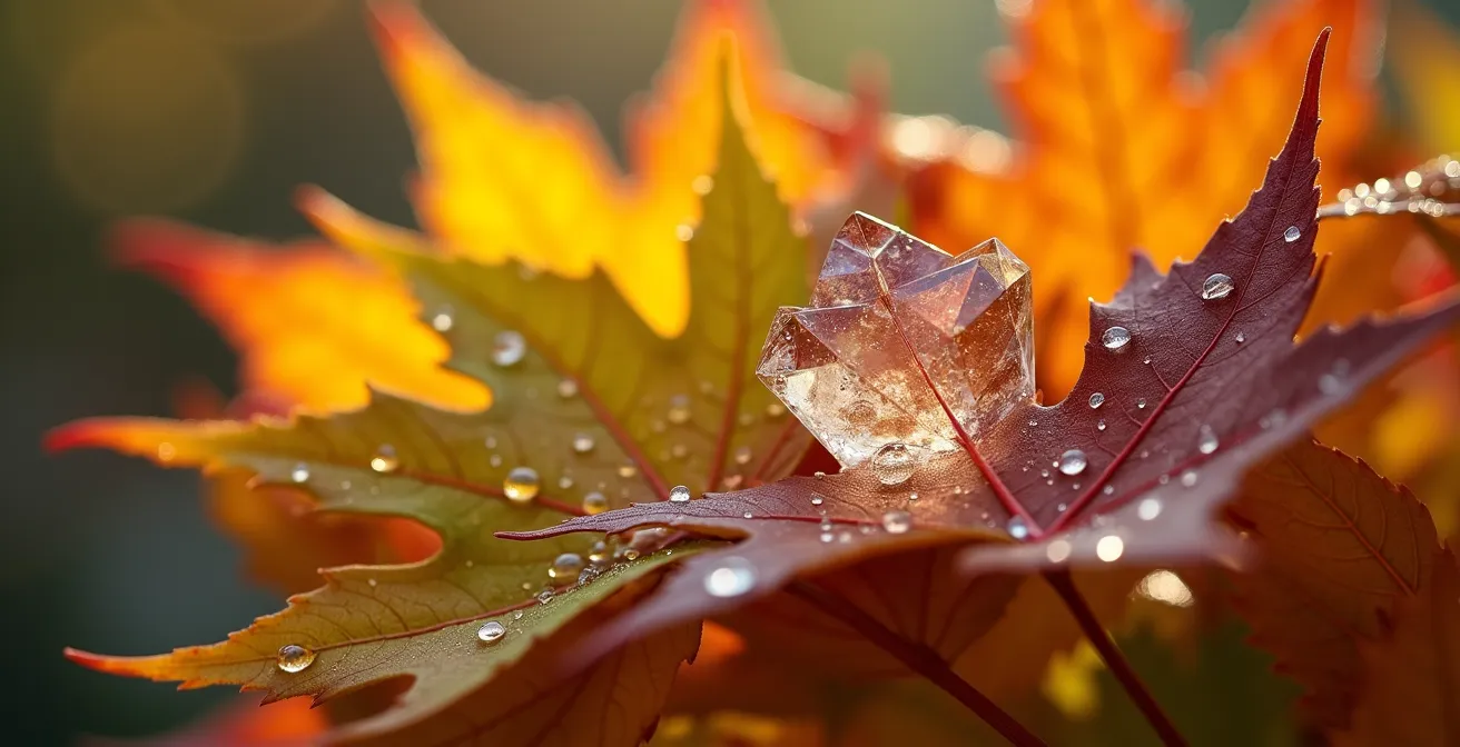 Composition macro de feuilles d'automne et cristaux symbolisant les cycles de transition