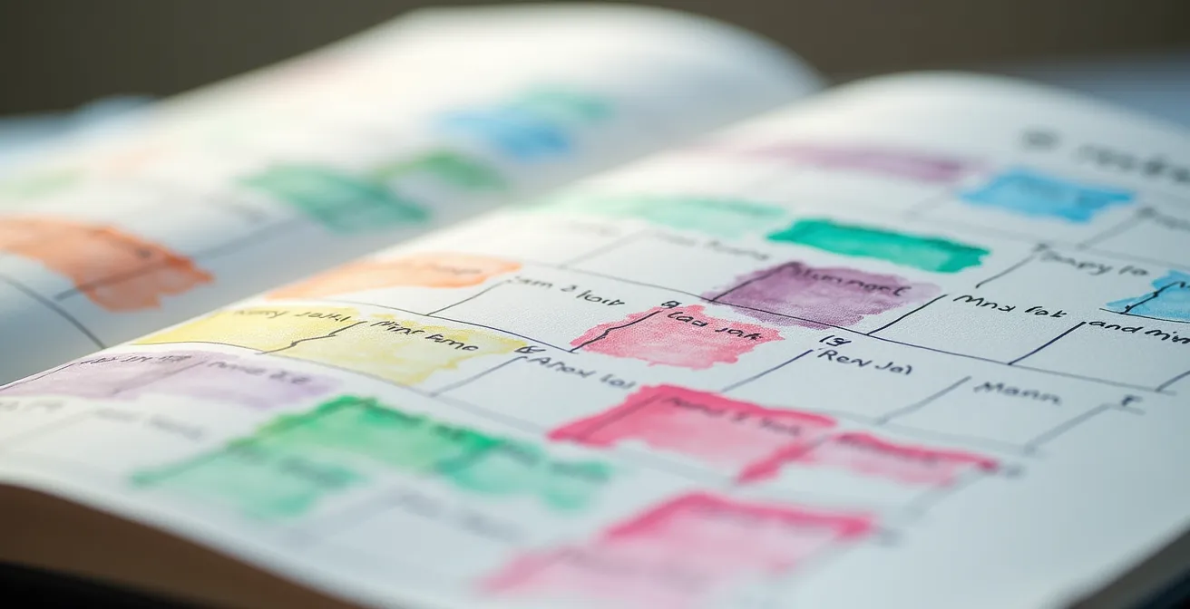 Vue macro de pages d'agenda avec blocs colorés représentant les cycles de 90 minutes