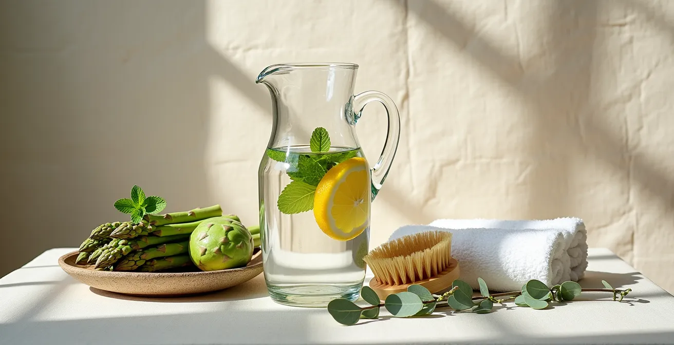 Composition symbolique des trois piliers de la détox avec aliments, plantes et éléments naturels