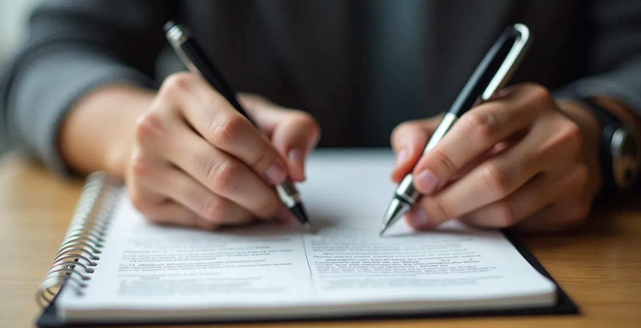 Vue macro de deux mains tenant des stylos différents sur une même page de journal