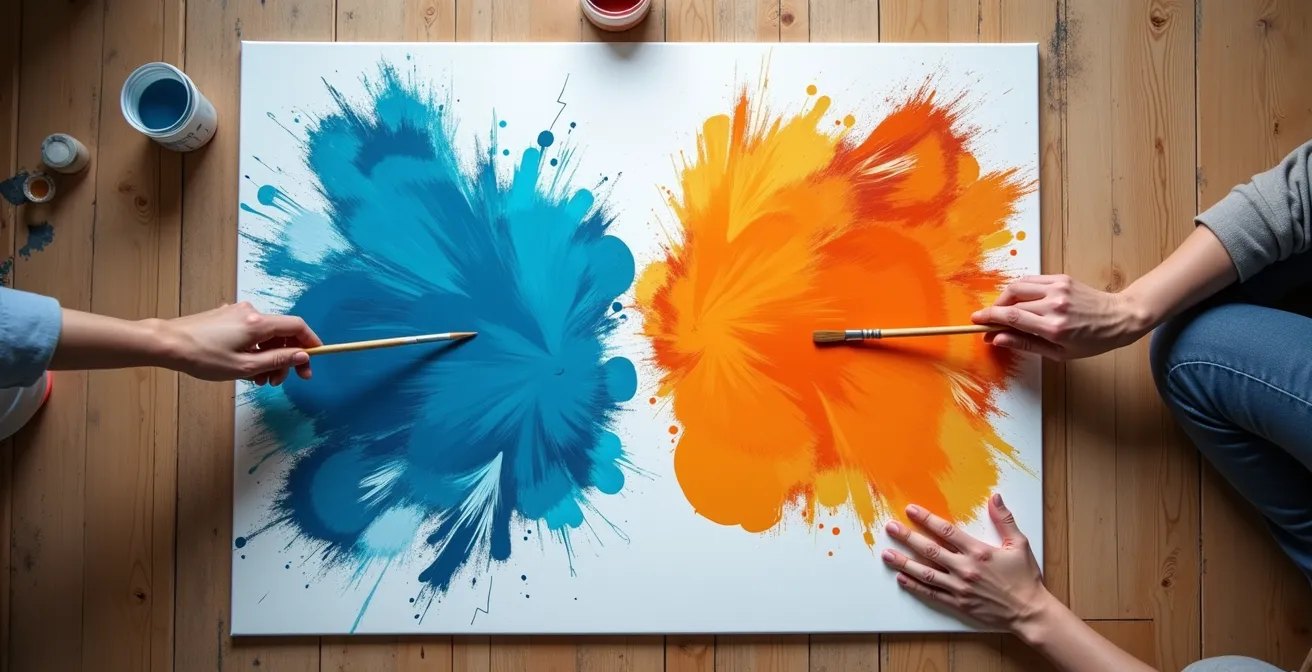 Vue aérienne de deux mains peignant simultanément en miroir sur une toile