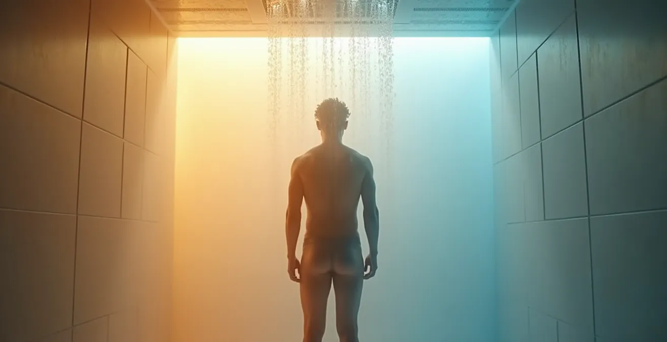 Personne sous douche avec vapeur d'eau et effet de contraste thermique visible