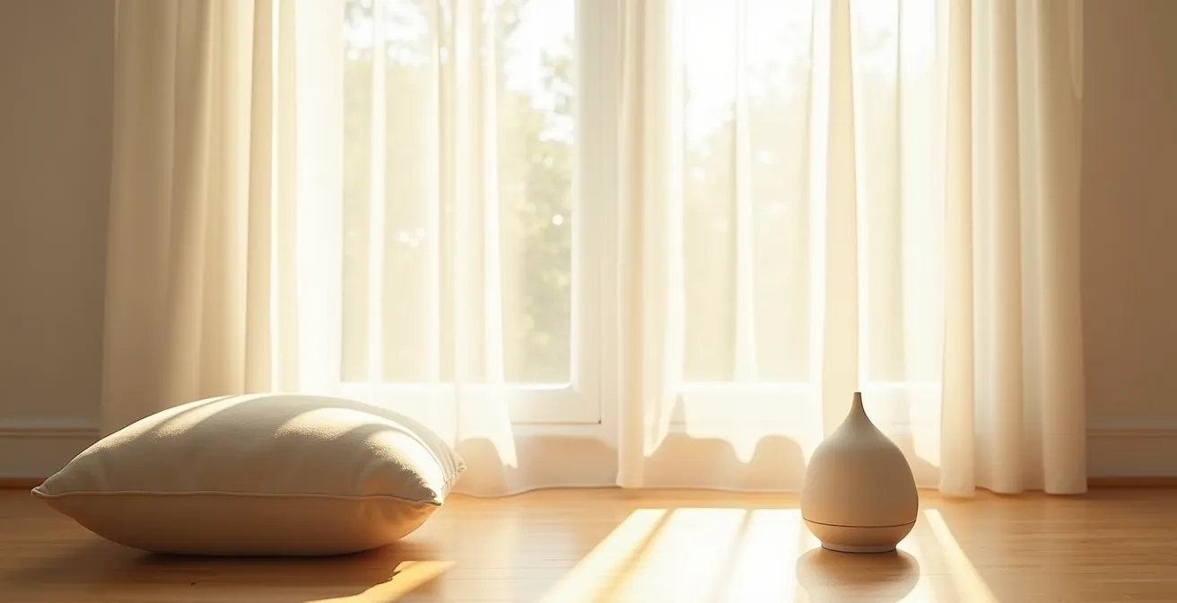 Espace zen minimaliste avec diffusion d'huile essentielle de lavande