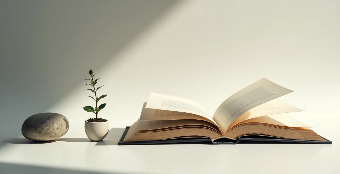 Composition symbolique de trois objets représentant l'équilibre corps-esprit-projet dans un espace épuré