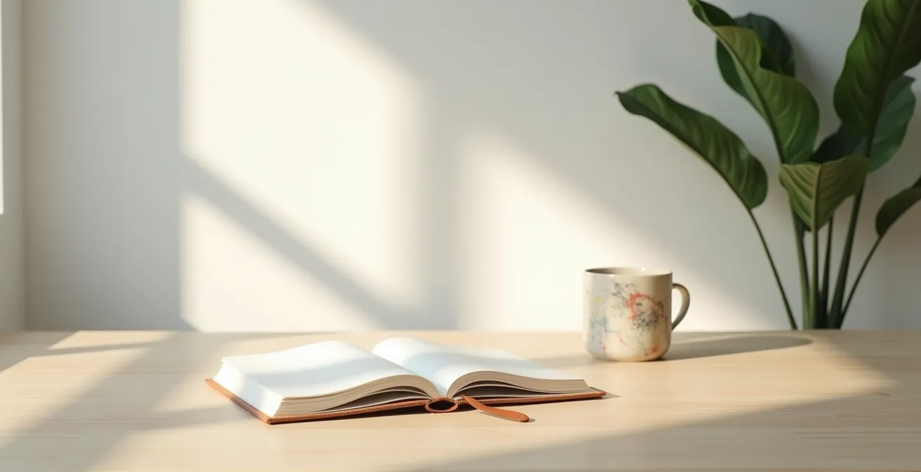 Espace d'écriture épuré avec carnet ouvert dans un environnement calme et lumineux
