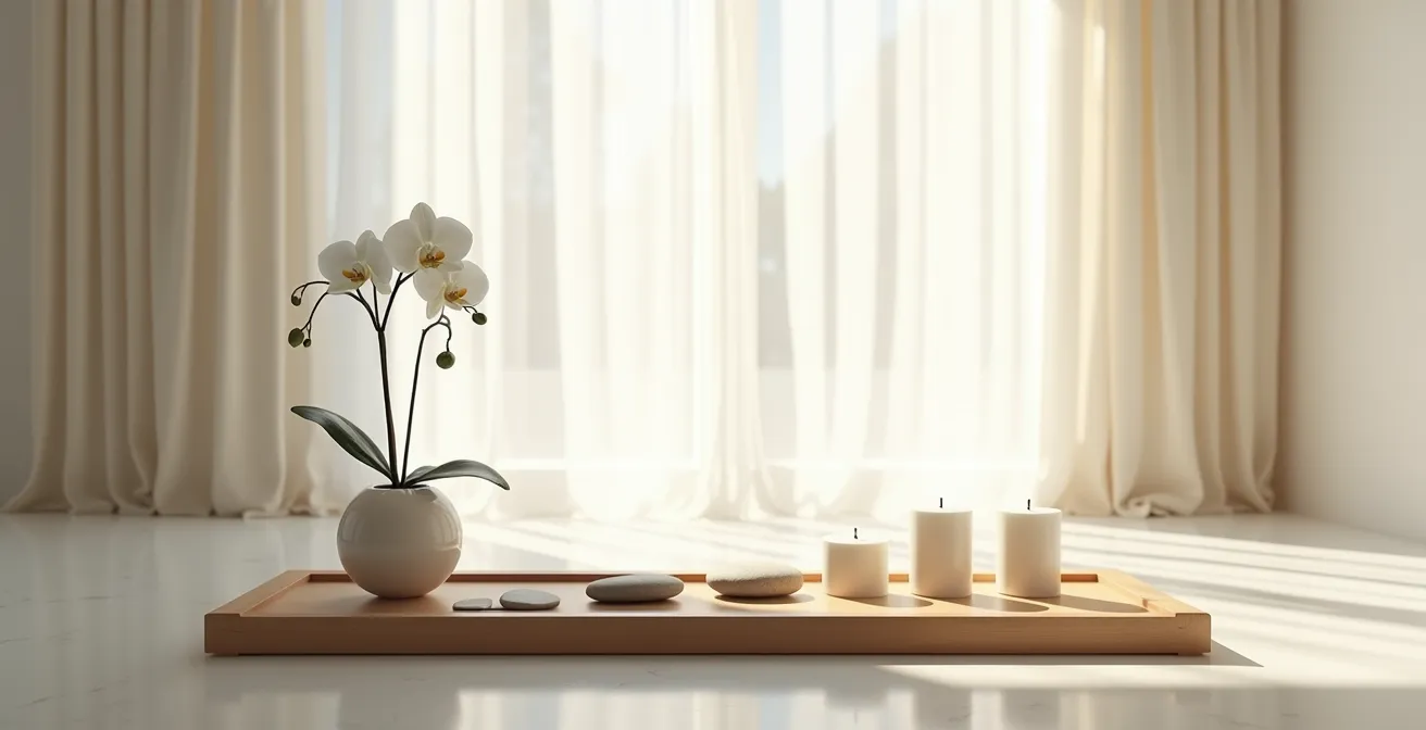 Espace cérémoniel minimaliste avec éléments symboliques pour marquer un passage de vie