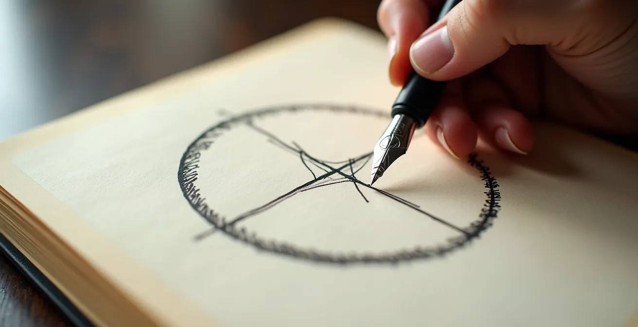 Carnet ouvert avec schéma circulaire des 4 piliers de vie, main tenant un stylo