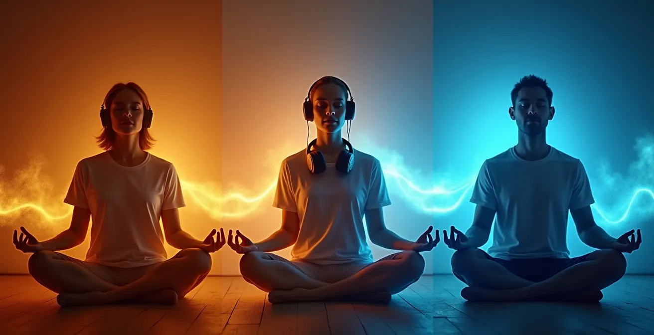 Trois étapes de méditation représentées par une personne passant d'un état guidé avec casque audio à une posture autonome en silence profond