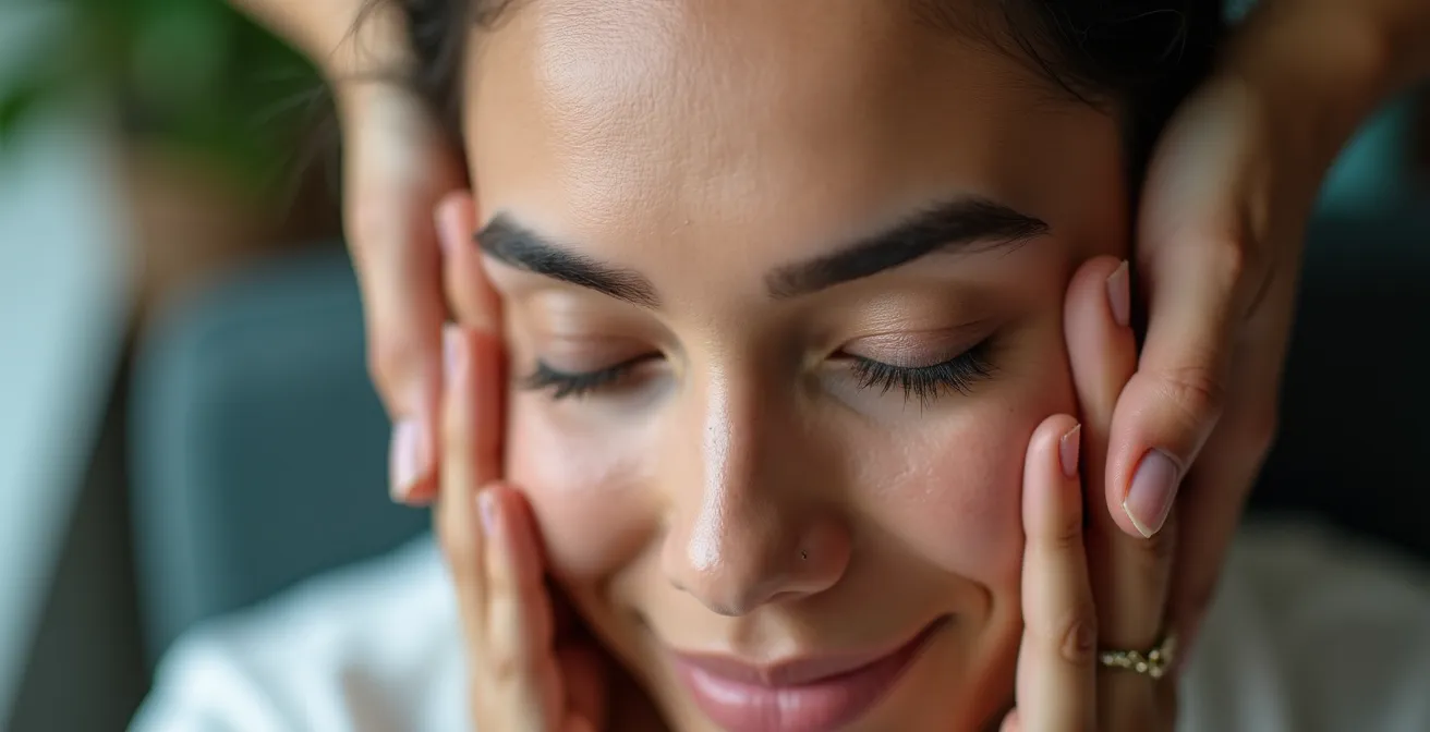 Gros plan sur les mains pratiquant un automassage des tempes