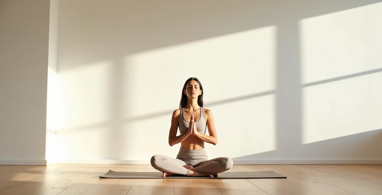 Femme pratiquant la respiration profonde en position assise dans un environnement zen et minimaliste