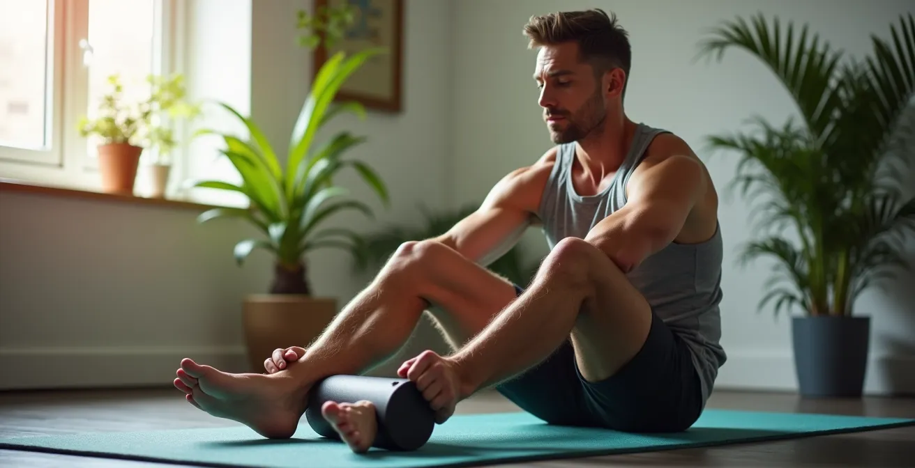 Homme de 45 ans utilisant un rouleau de massage sur ses jambes dans un espace lumineux