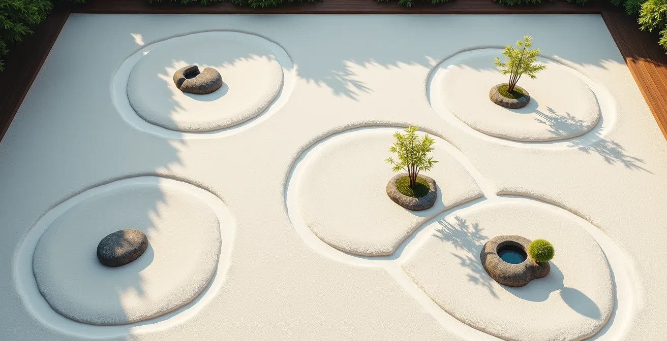Vue aérienne de quatre cercles de sable zen qui se chevauchent dans un jardin japonais