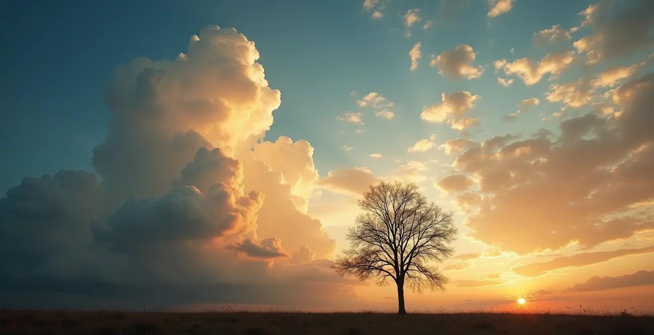 Représentation métaphorique des pensées comme des nuages flottants dans un ciel serein