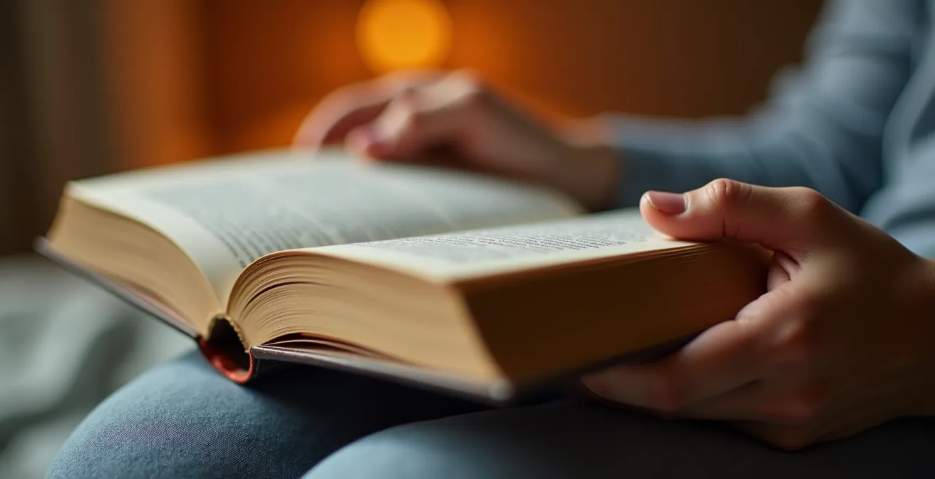 Gros plan sur des mains tenant un livre ouvert avec pages visibles de côté, éclairées par une lumière chaude