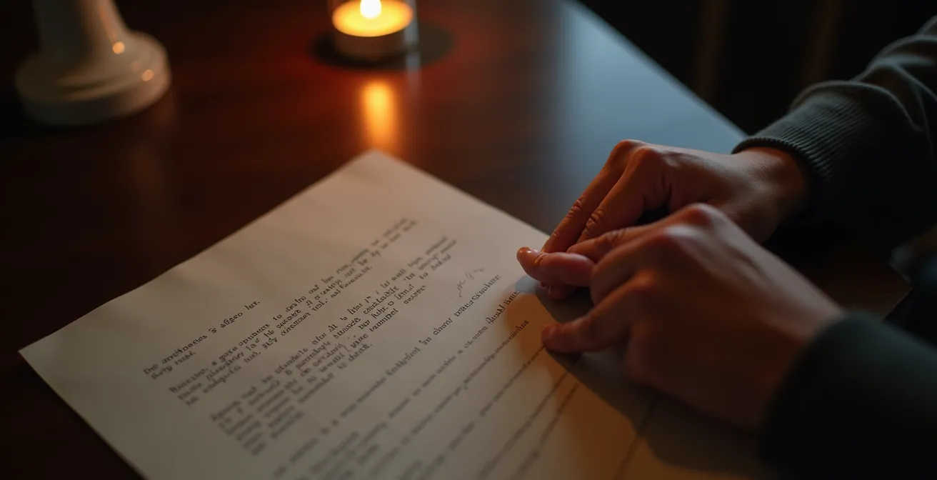 Mains froissant une lettre manuscrite avec une bougie allumée en arrière-plan