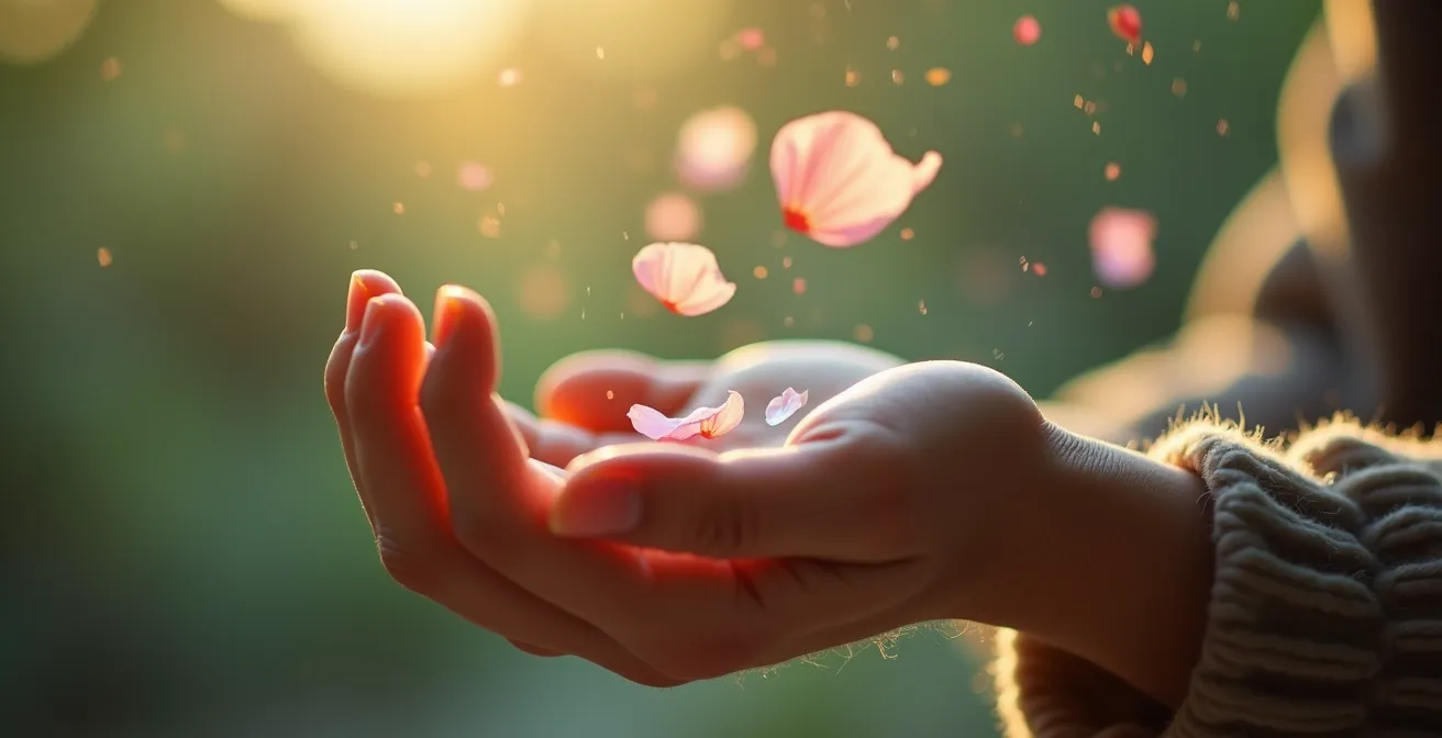 Mains ouvertes relâchant des pétales de fleurs dans le vent symbolisant le lâcher-prise émotionnel