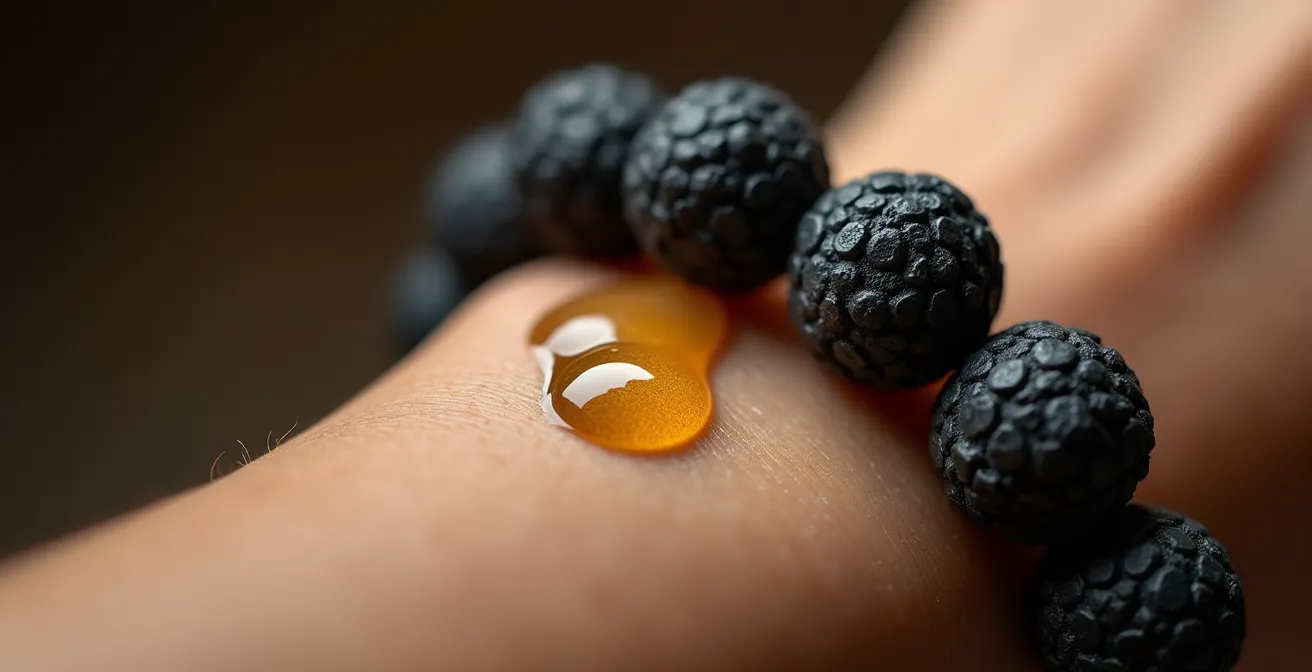 Gros plan sur un bracelet en pierre de lave avec une goutte d'huile essentielle