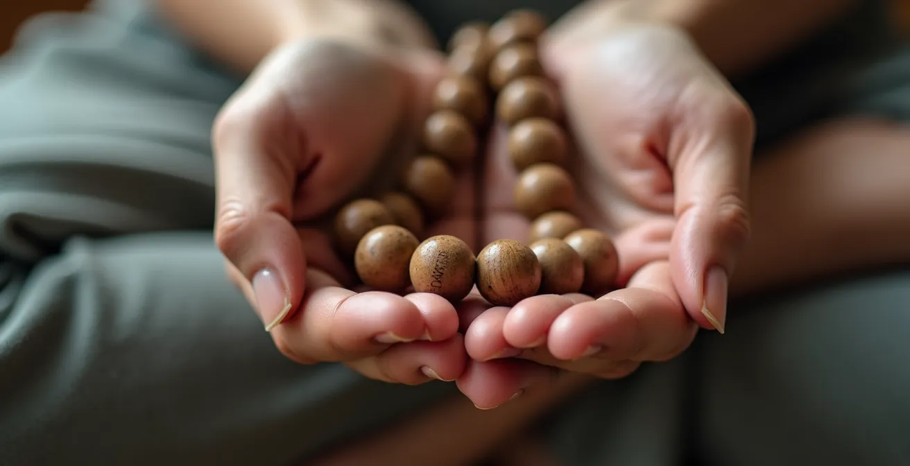 Mains tenant un mala de 108 perles en position de méditation