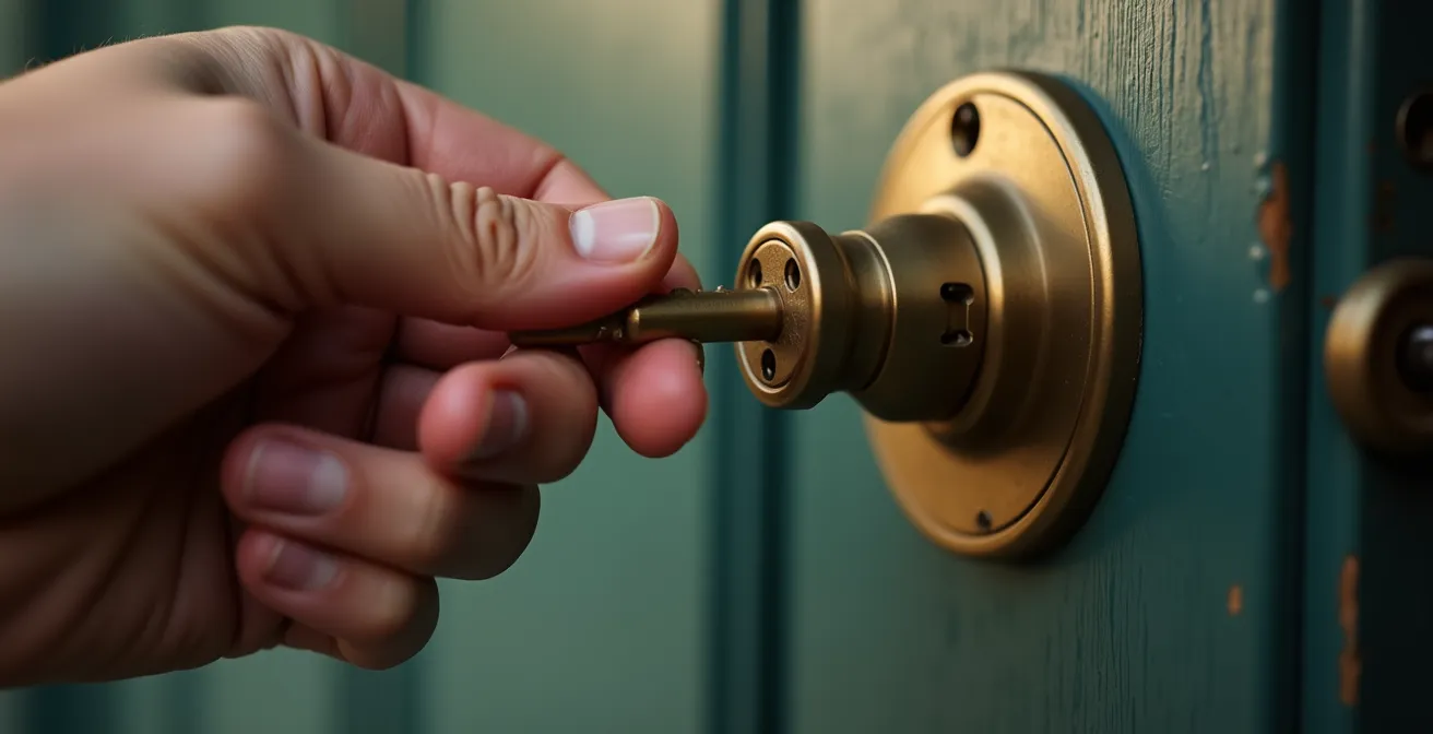 Vue macro d'une main qui lâche une clé dorée juste avant d'ouvrir une porte