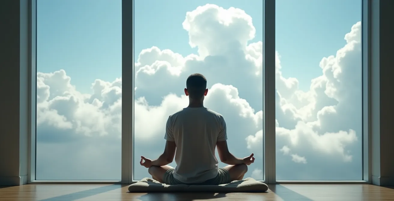 Personne en position de méditation avec nuages flottants symbolisant les pensées qui passent