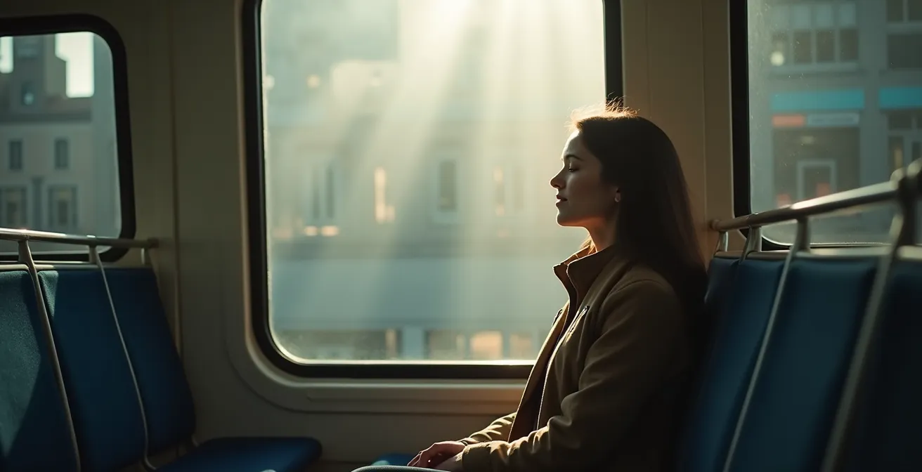Personne assise dans le métro, yeux fermés, expression sereine, lumière naturelle filtrée