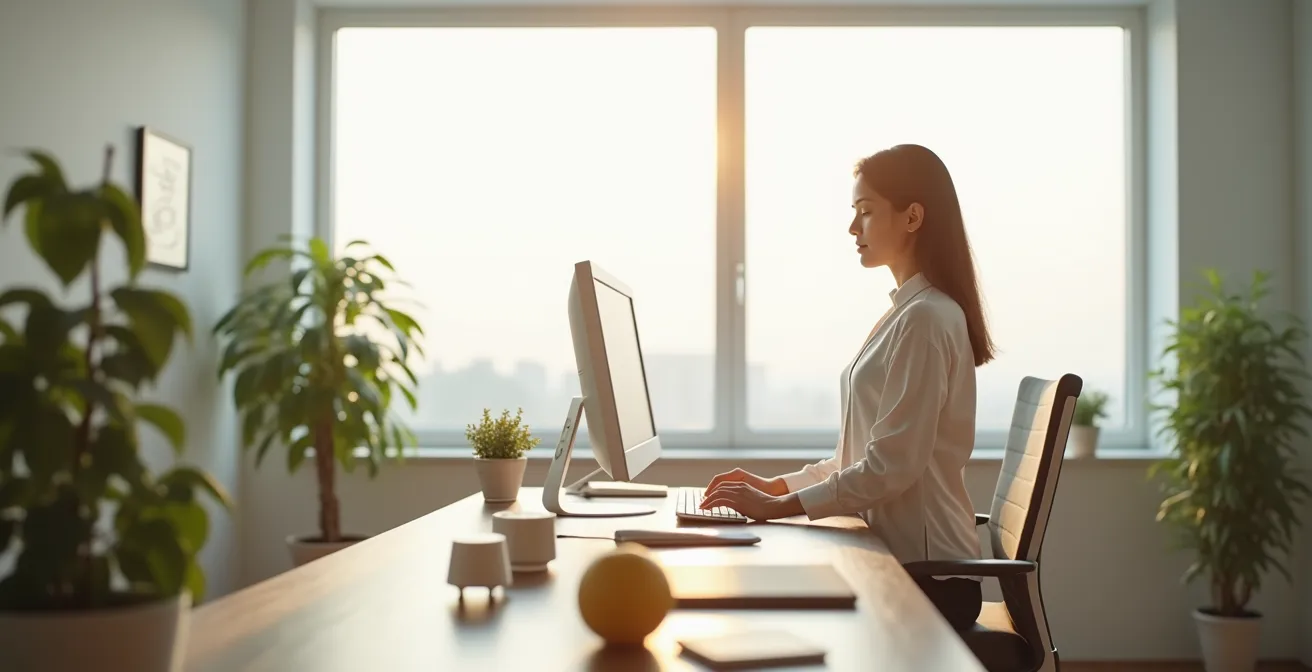 Personne effectuant un micro-massage facial au bureau pour effacer les signes de fatigue