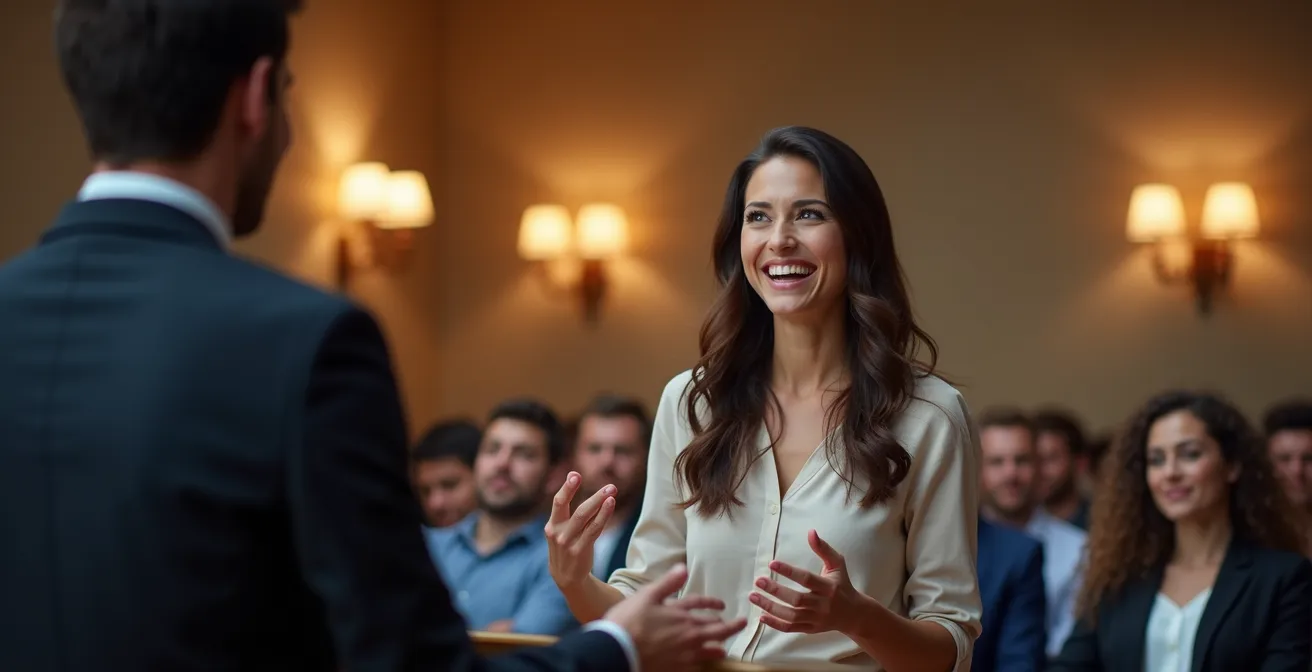 Portrait d'un orateur serein face à son public dans une salle de conférence
