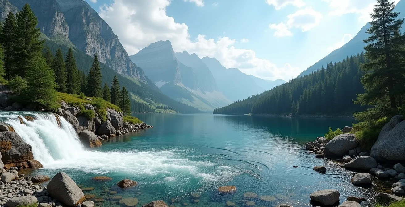 Montage photographique de quatre environnements naturels symbolisant différentes émotions : torrent dynamique, lac calme, forêt profonde et ciel ouvert