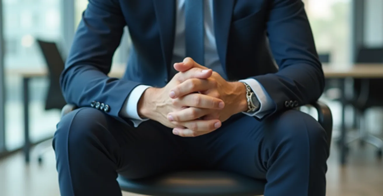 Professionnel pratiquant discrètement la cohérence cardiaque assis à son bureau