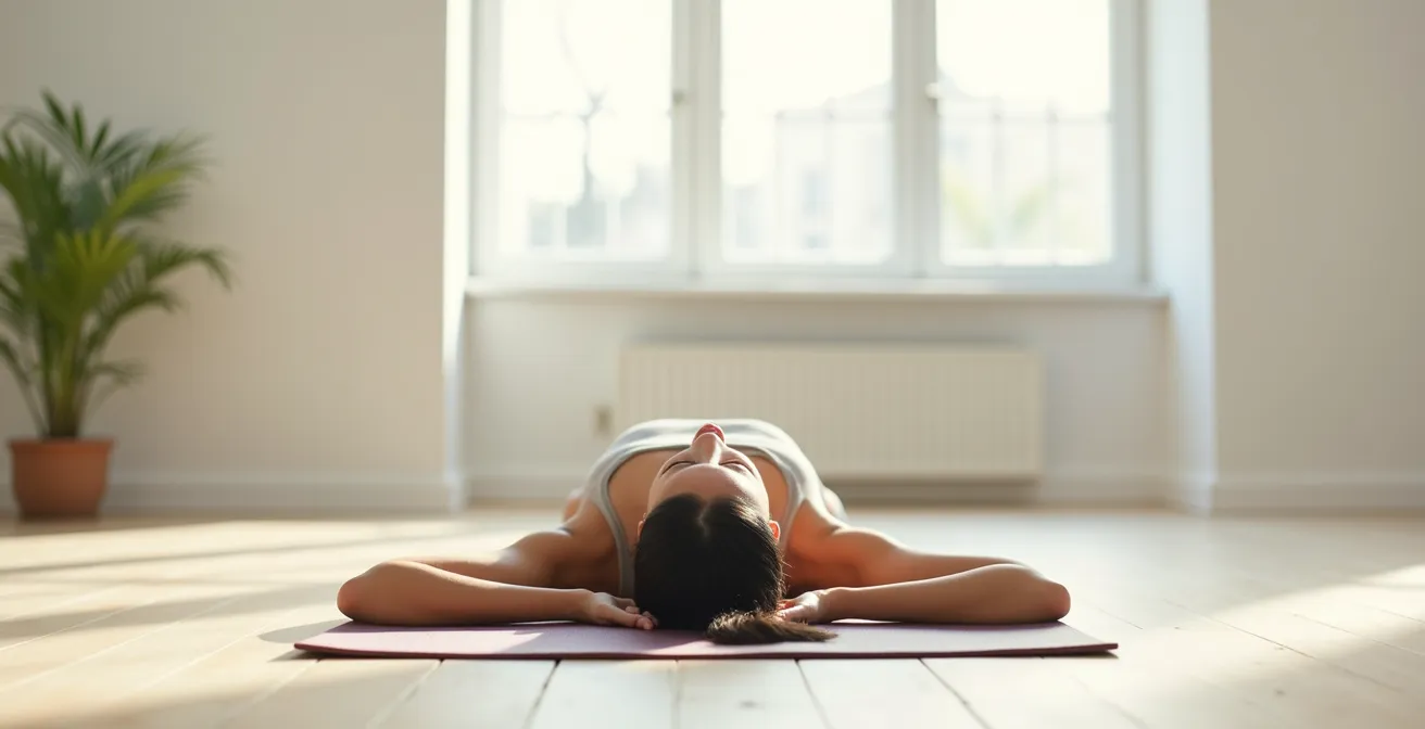 Vue d'ensemble d'une personne allongée sur un tapis de yoga pratiquant le scan corporel dans une pièce lumineuse et épurée