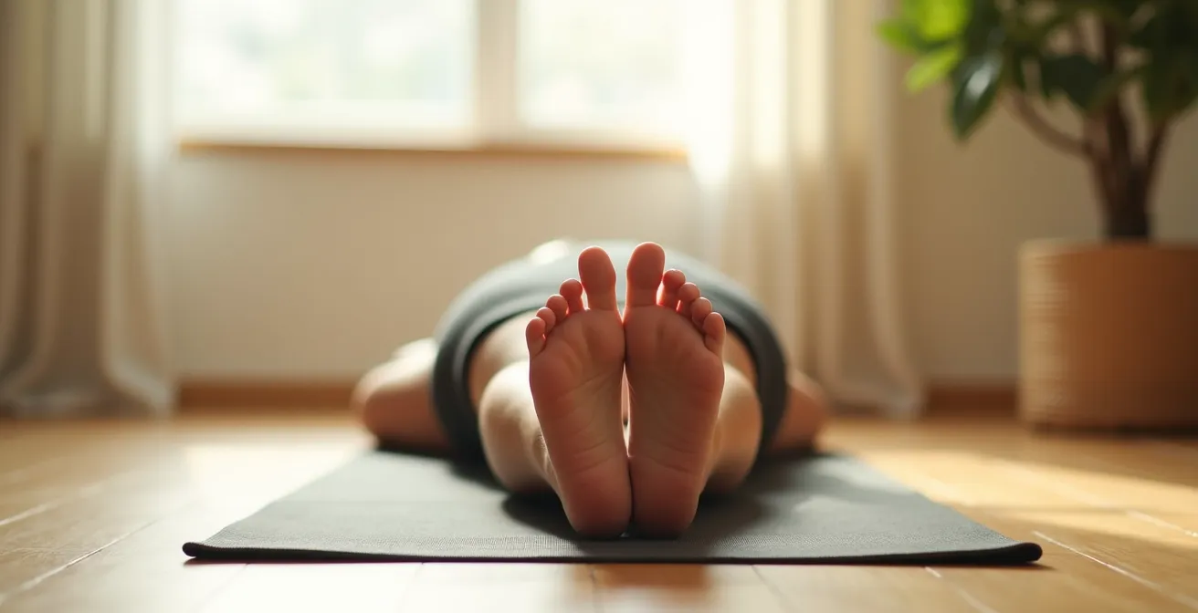 Personne allongée en position papillon, tremblements subtils des jambes, atmosphère apaisante