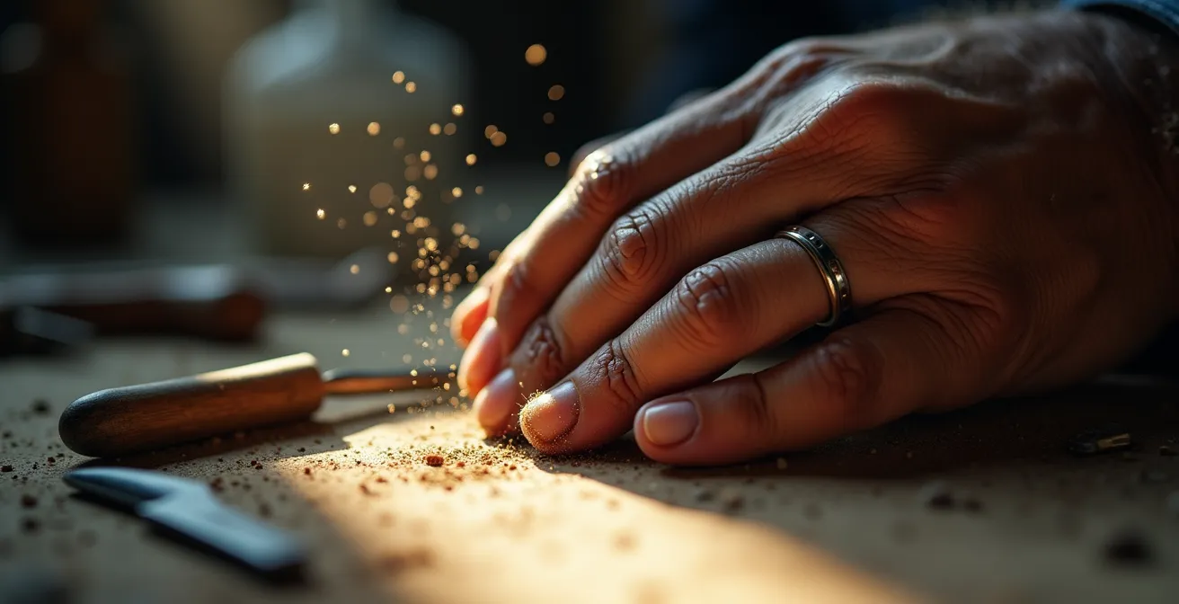 Gros plan macro sur des mains d'artisan travaillant avec concentration sur un détail minutieux