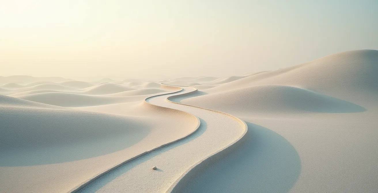 Vue aérienne minimaliste d'un chemin sinueux avec des jalons marquant la progression