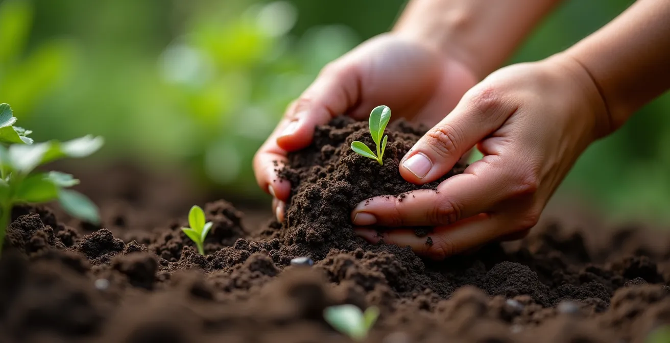 Mains travaillant la terre dans un jardin, gros plan sur la texture et le contact avec la nature