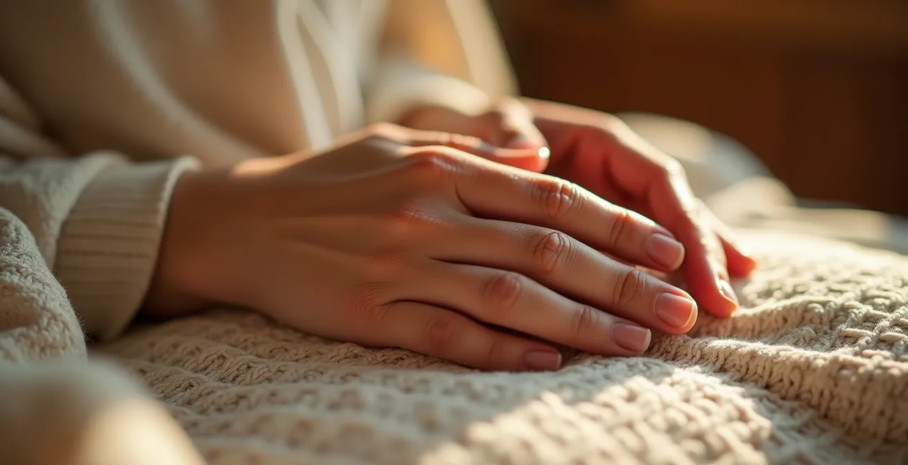 Personne en position de repos profond, environnement chaleureux et sécurisant