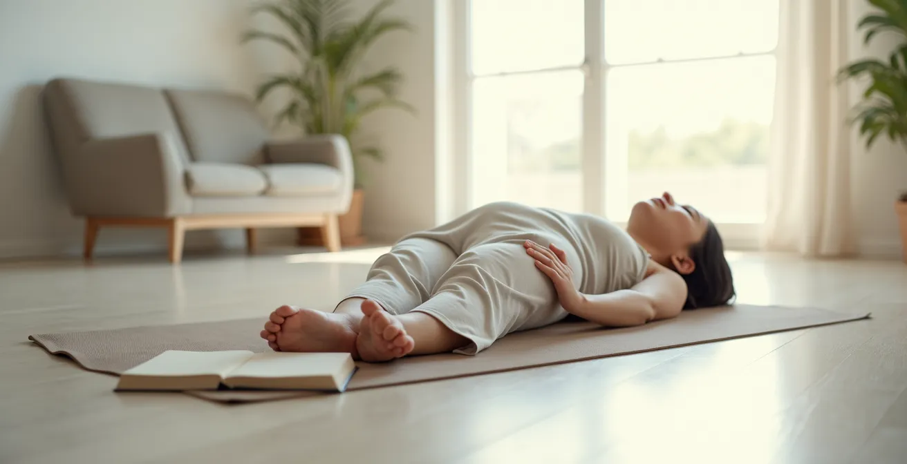 Personne allongée pratiquant la respiration abdominale avec un livre posé sur le ventre