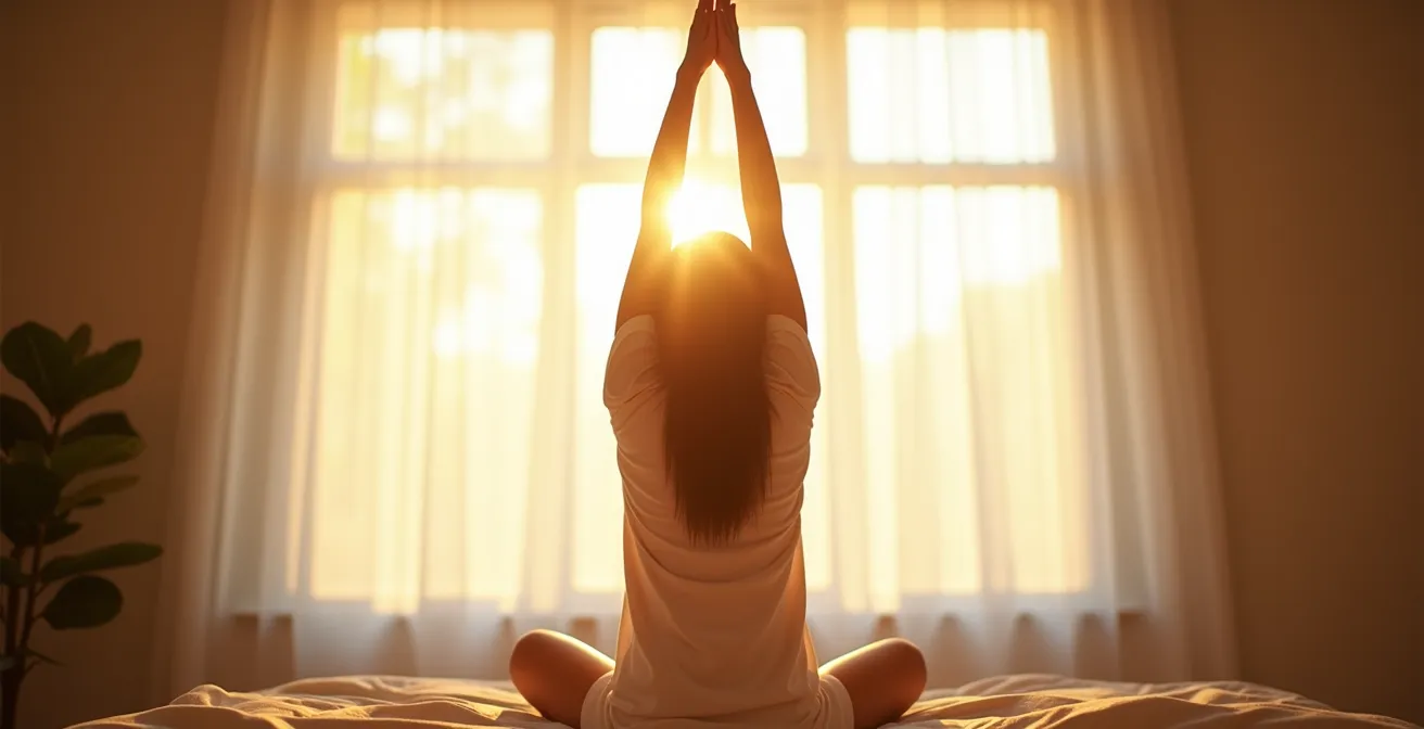 Personne s'étirant face à une fenêtre baignée de lumière naturelle du matin