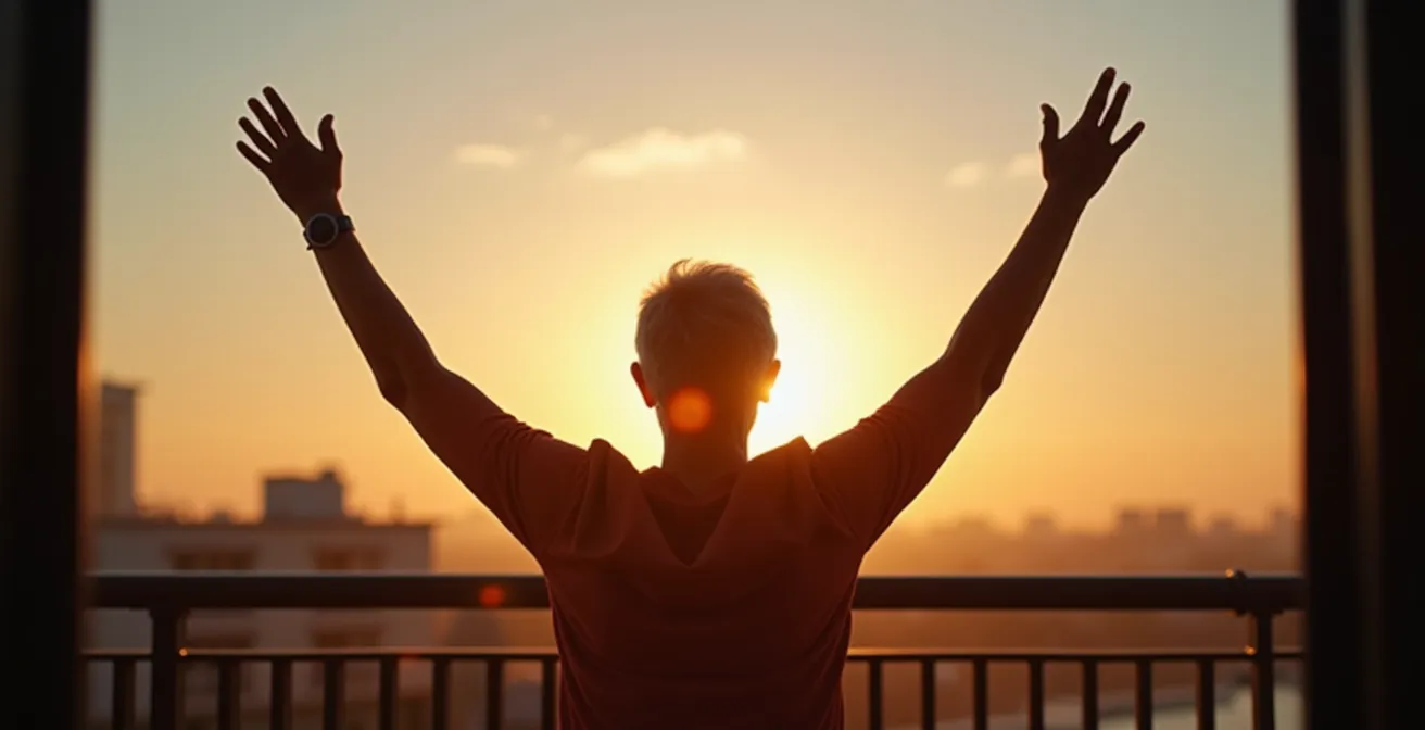 Personne pratiquant des étirements matinaux face au lever du soleil
