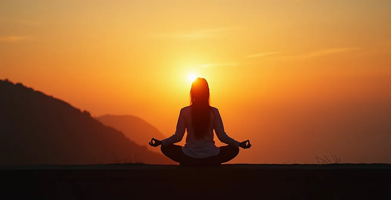 Silhouette méditant face au lever du soleil, atmosphère sereine et minimaliste